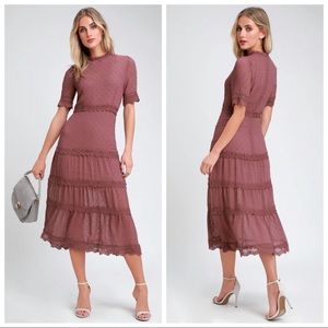 NWOT Lulus Dreaming of You Mauve Purple Swiss Dot Midi Dress Medium XLarge